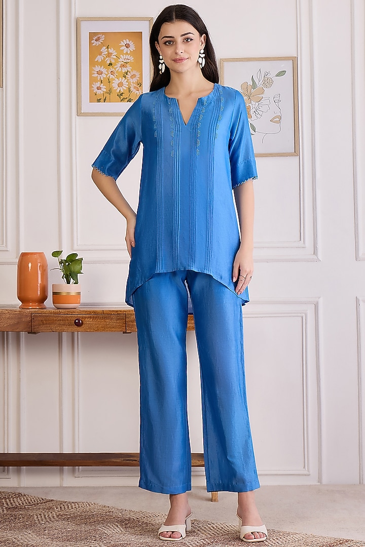 Blue Chanderi Beaded Co-Ord Set by First Resort by Ramola Bachchan at Pernia's Pop Up Shop