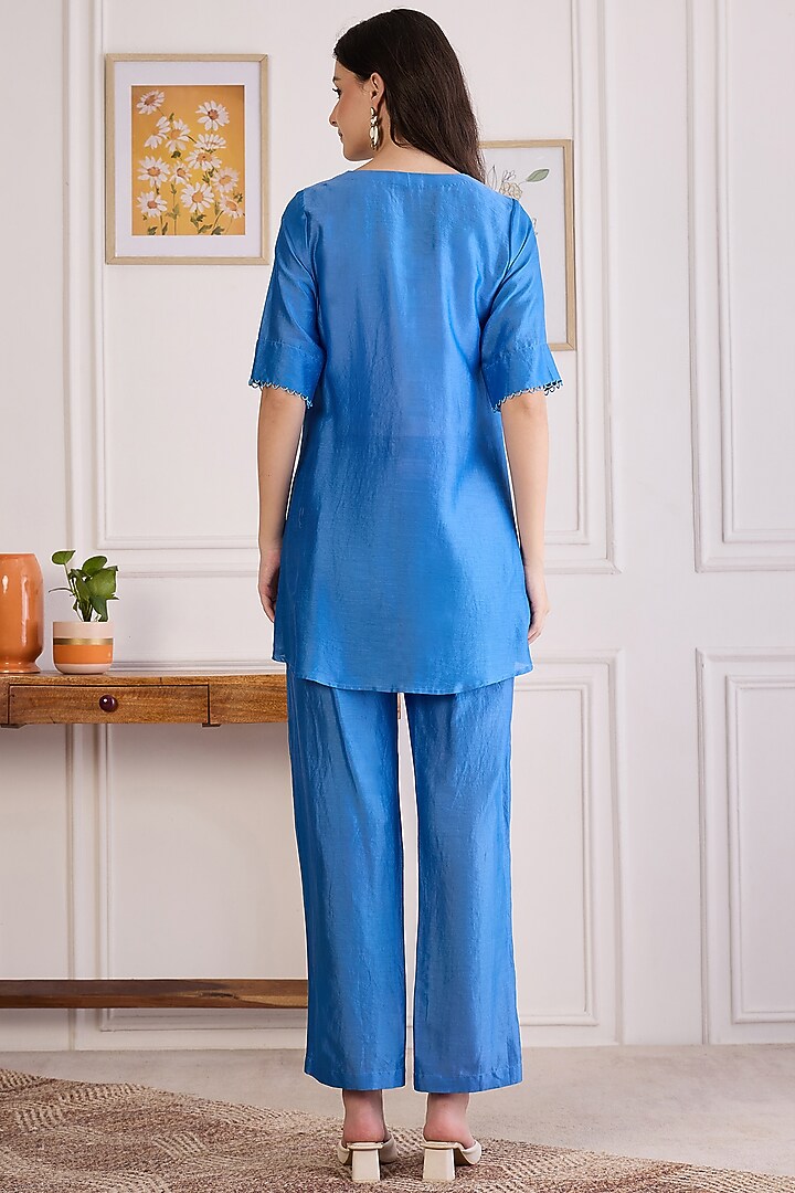 Blue Chanderi Beaded Co-Ord Set by First Resort by Ramola Bachchan at Pernia's Pop Up Shop