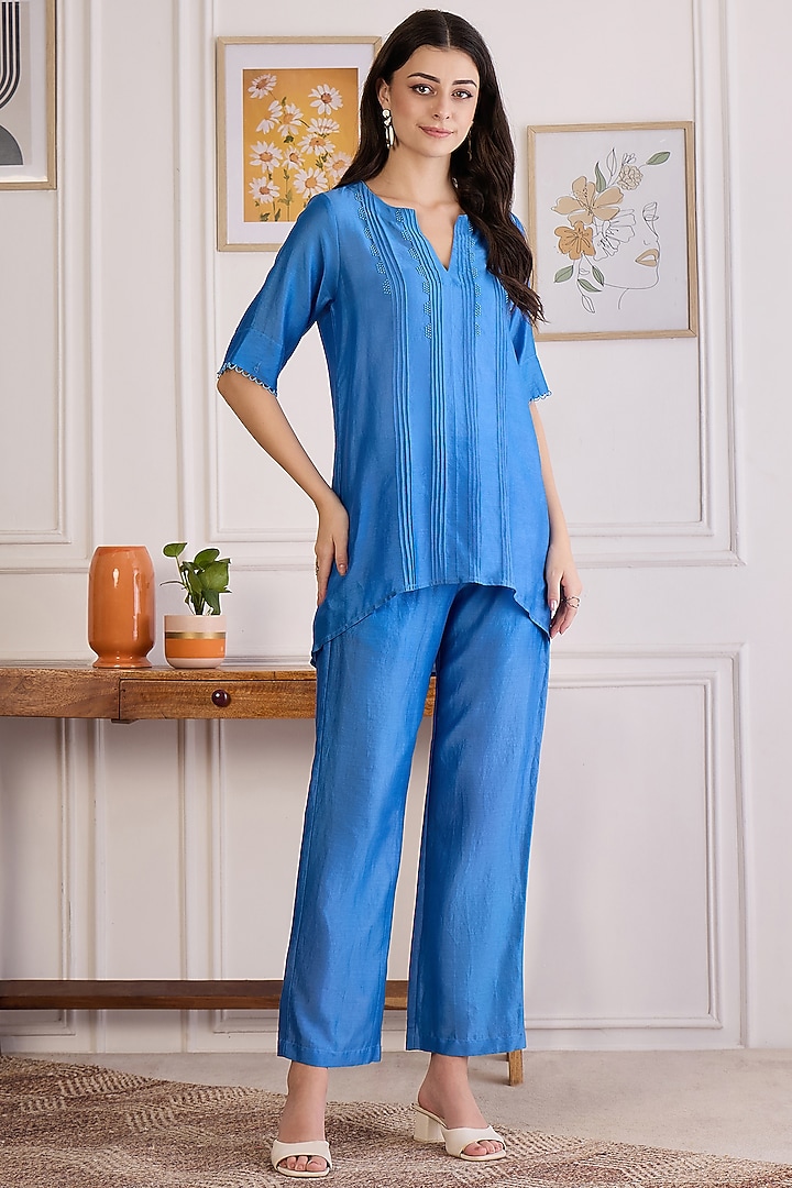 Blue Chanderi Beaded Co-Ord Set by First Resort by Ramola Bachchan at Pernia's Pop Up Shop