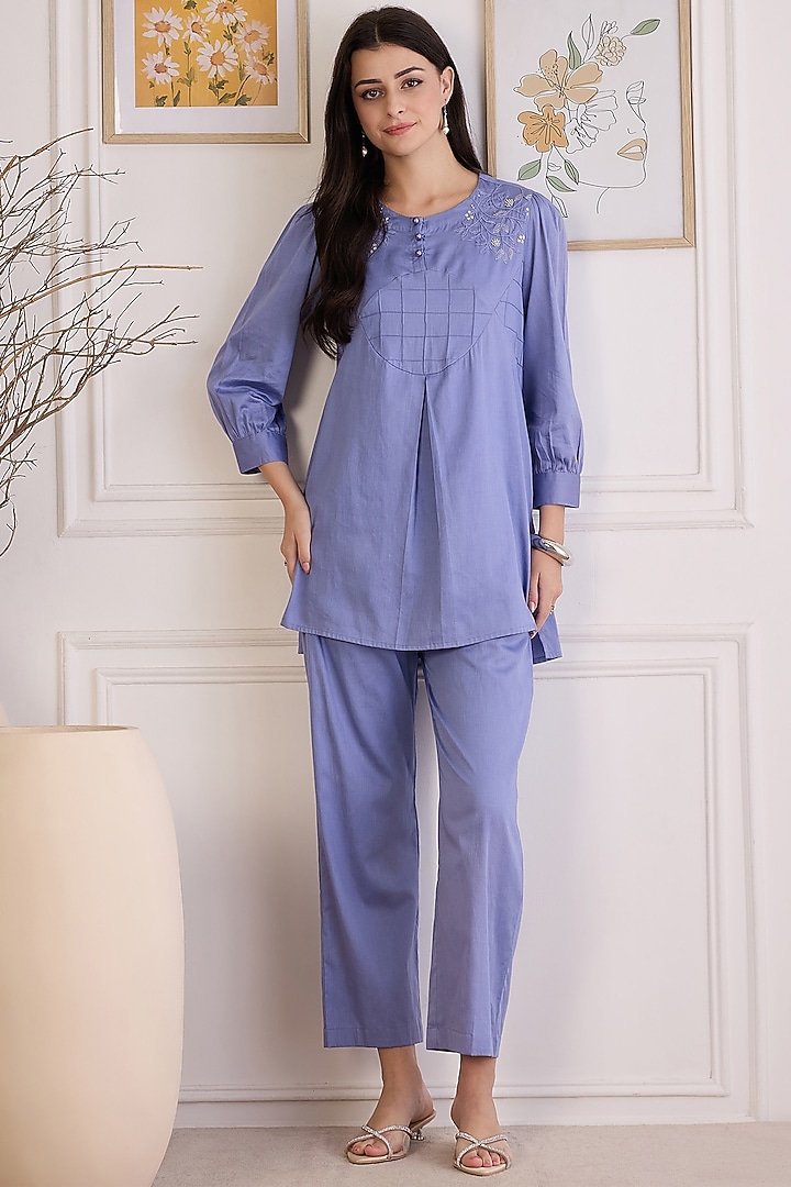 Mountain Blue Cotton Modal Satin Co-Ord Set by First Resort by Ramola Bachchan at Pernia's Pop Up Shop