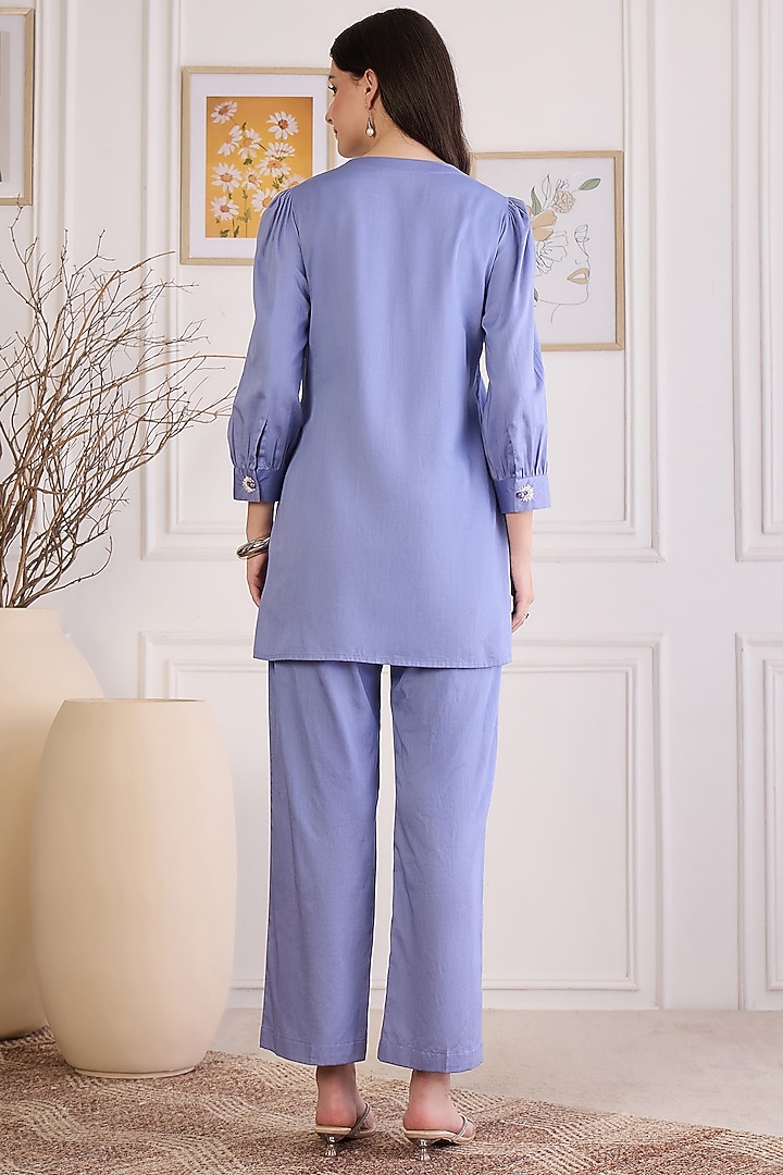 Mountain Blue Cotton Modal Satin Co-Ord Set by First Resort by Ramola Bachchan at Pernia's Pop Up Shop