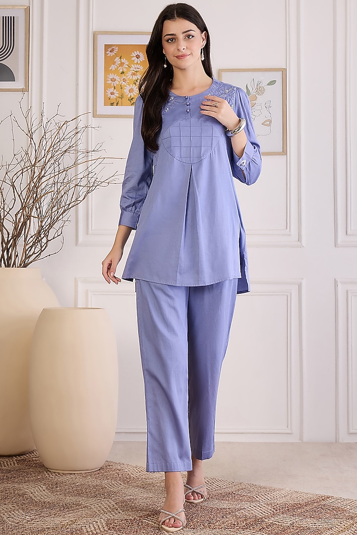 Mountain Blue Cotton Modal Satin Co-Ord Set by First Resort by Ramola Bachchan at Pernia's Pop Up Shop