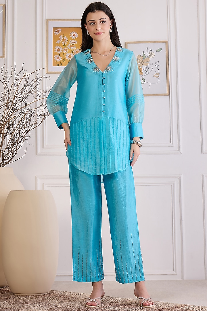 Sky Blue Cotton Chanderi Hand Embroidered Co-Ord Set by First Resort by Ramola Bachchan at Pernia's Pop Up Shop