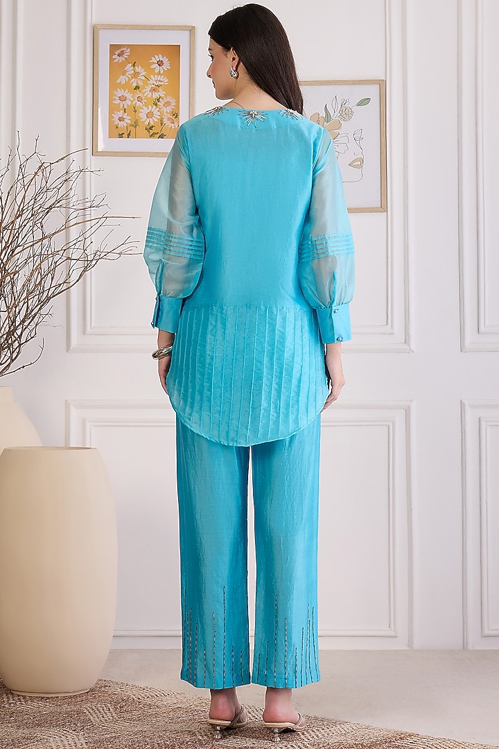 Sky Blue Cotton Chanderi Hand Embroidered Co-Ord Set by First Resort by Ramola Bachchan at Pernia's Pop Up Shop