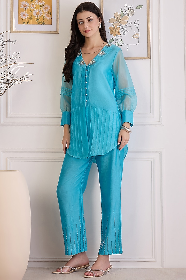 Sky Blue Cotton Chanderi Hand Embroidered Co-Ord Set by First Resort by Ramola Bachchan at Pernia's Pop Up Shop