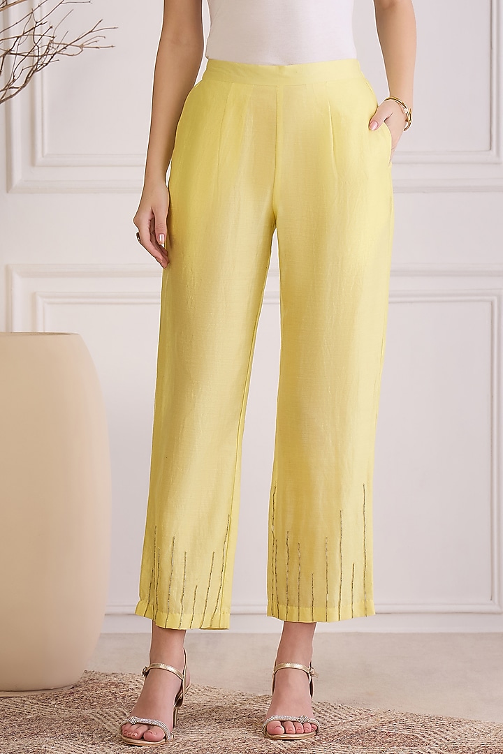 Yellow Cotton Chanderi Hand Embroidered Co-Ord Set by First Resort by Ramola Bachchan at Pernia's Pop Up Shop
