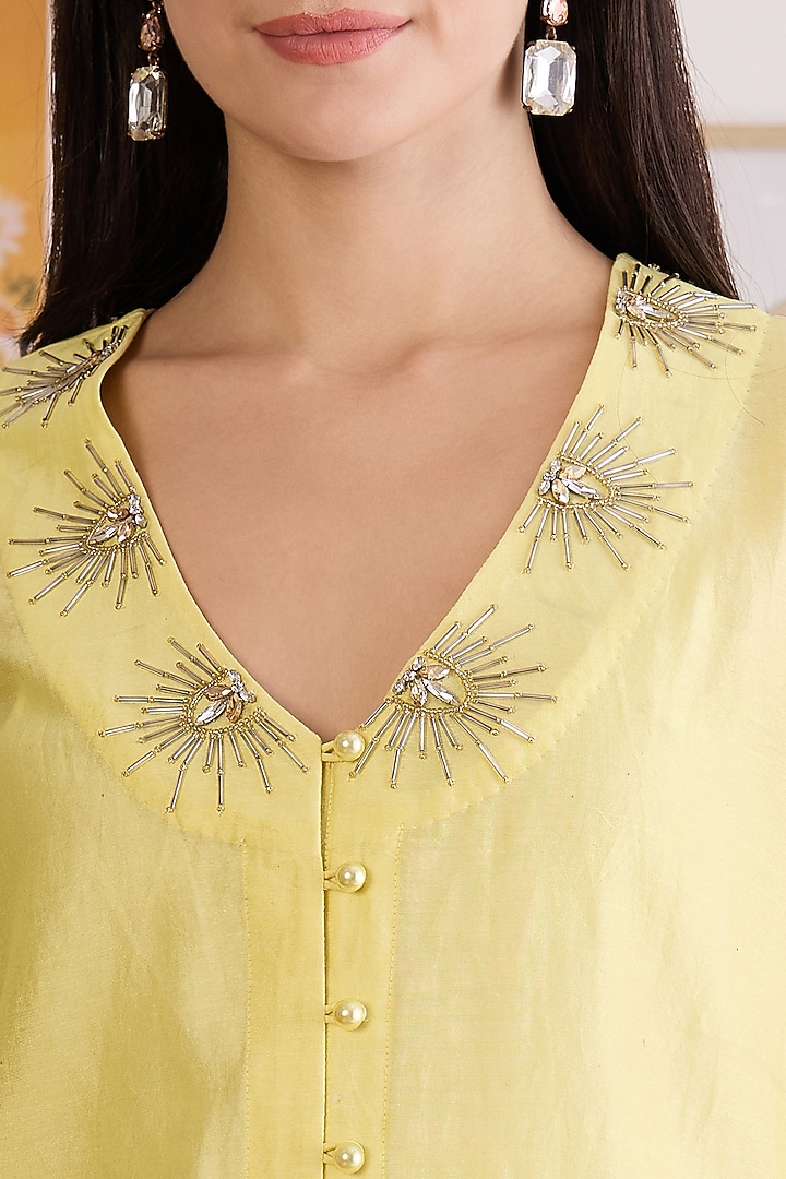 Yellow Cotton Chanderi Hand Embroidered Co-Ord Set by First Resort by Ramola Bachchan at Pernia's Pop Up Shop