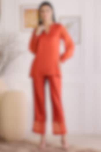 Cinnamon Colored Cotton Silk Hand Embroidered Co-Ord Set by First Resort by Ramola Bachchan at Pernia's Pop Up Shop