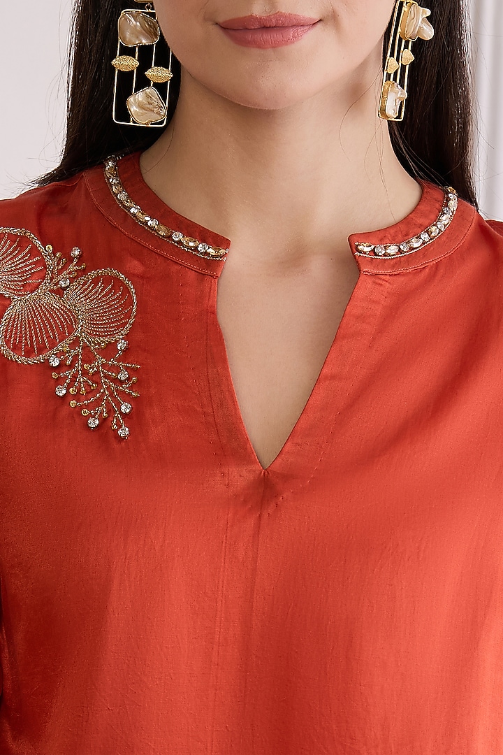 Cinnamon Colored Cotton Silk Hand Embroidered Co-Ord Set by First Resort by Ramola Bachchan at Pernia's Pop Up Shop