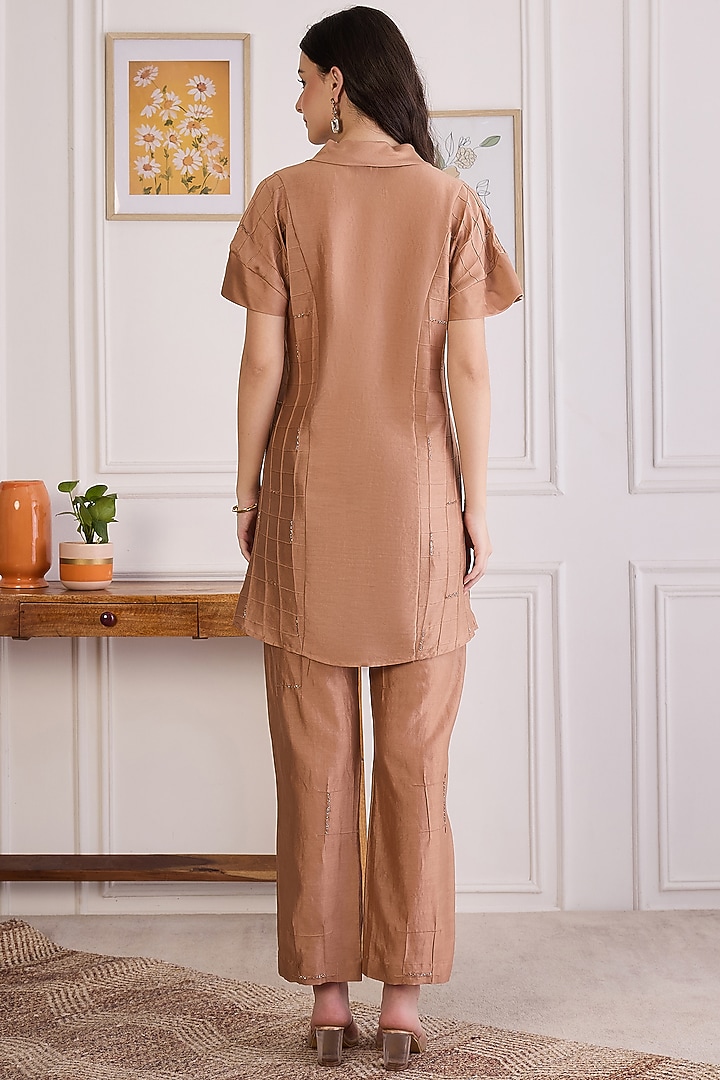Copper Brown Chanderi Embroidered Kurta Set by First Resort by Ramola Bachchan at Pernia's Pop Up Shop