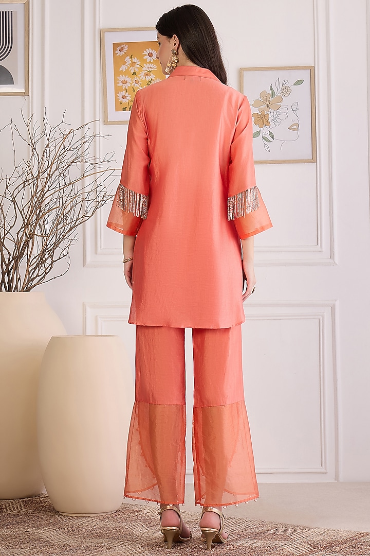 Peach Cotton Chanderi Pearl Hand Embroidered Co-Ord Set by First Resort by Ramola Bachchan at Pernia's Pop Up Shop
