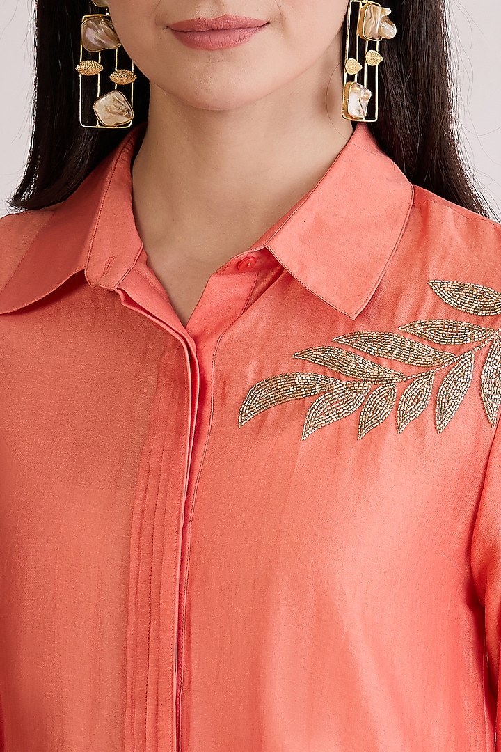Peach Cotton Chanderi Pearl Hand Embroidered Co-Ord Set by First Resort by Ramola Bachchan at Pernia's Pop Up Shop