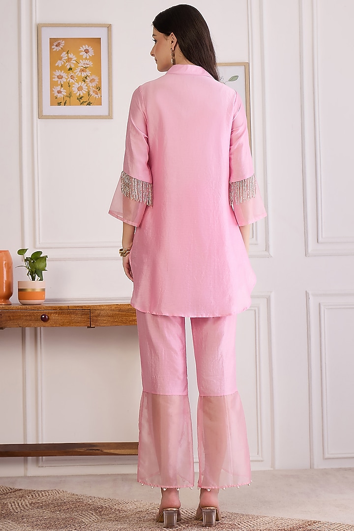Pink Cotton Chanderi Pearl Hand Embroidered Co-Ord Set by First Resort by Ramola Bachchan at Pernia's Pop Up Shop