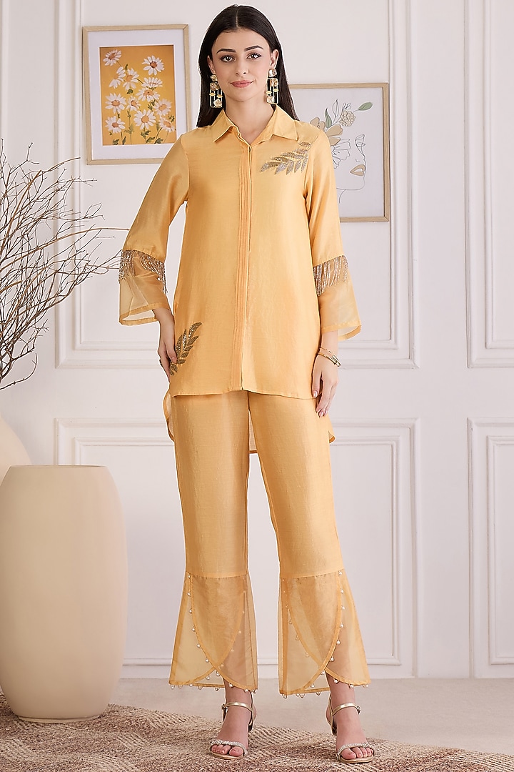 Yellow Cotton Chanderi Pearl Hand Embroidered Co-Ord Set by First Resort by Ramola Bachchan at Pernia's Pop Up Shop