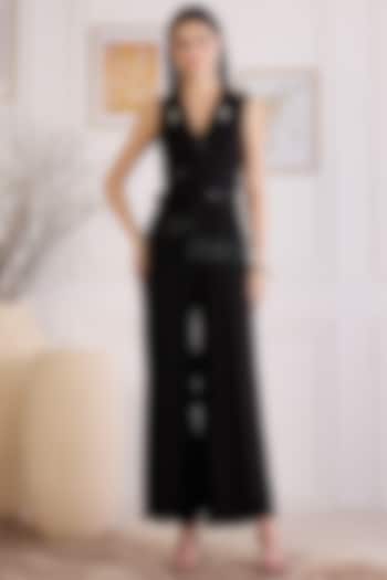 Black Rayon Twill Aari Work Co-Ord Set by First Resort by Ramola Bachchan at Pernia's Pop Up Shop