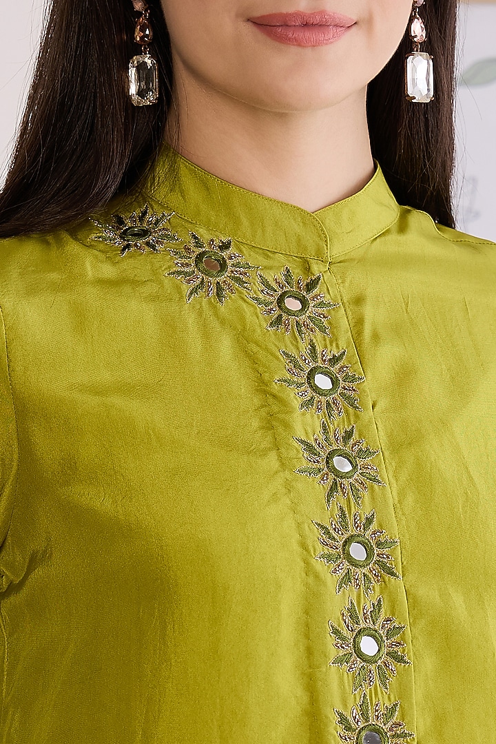 Green Habutai Silk Embroidered Co-Ord Set by First Resort by Ramola Bachchan at Pernia's Pop Up Shop