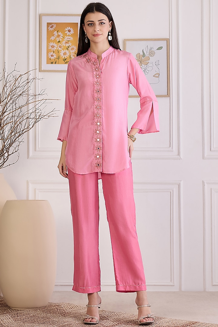 Blush Pink Habutai Silk Embroidered Co-Ord Set by First Resort by Ramola Bachchan at Pernia's Pop Up Shop