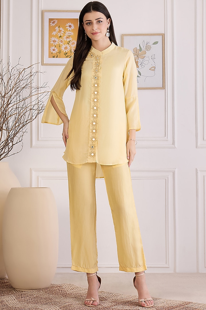 Yellow Habutai Silk Embroidered Co-Ord Set by First Resort by Ramola Bachchan at Pernia's Pop Up Shop
