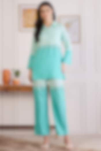 Sky Blue Cotton Modal Satin Embroidered Co-Ord Set by First Resort by Ramola Bachchan at Pernia's Pop Up Shop