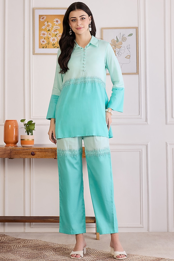 Sky Blue Cotton Modal Satin Embroidered Co-Ord Set by First Resort by Ramola Bachchan at Pernia's Pop Up Shop