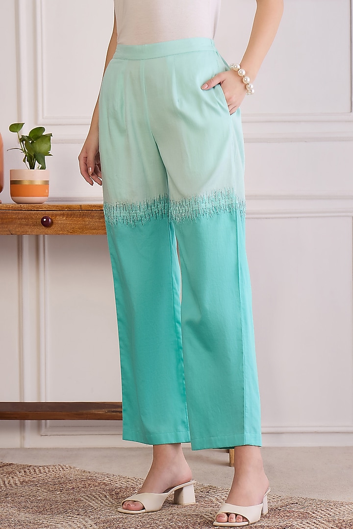 Sky Blue Cotton Modal Satin Embroidered Co-Ord Set by First Resort by Ramola Bachchan at Pernia's Pop Up Shop