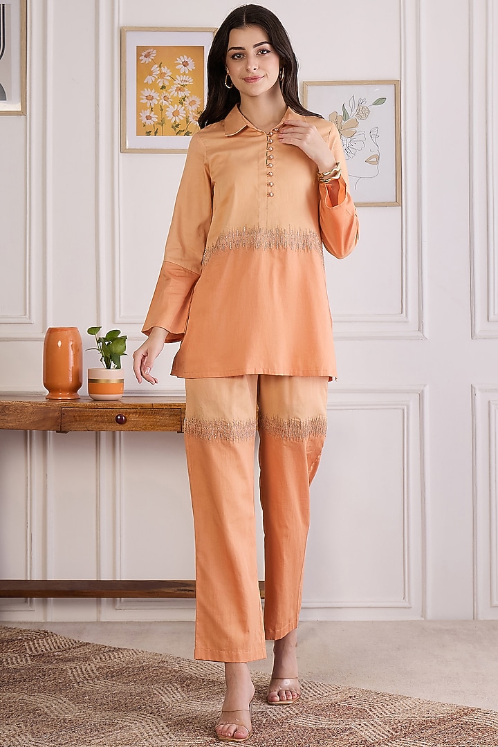 Orange Cotton Modal Satin Embroidered Co-Ord Set by First Resort by Ramola Bachchan at Pernia's Pop Up Shop