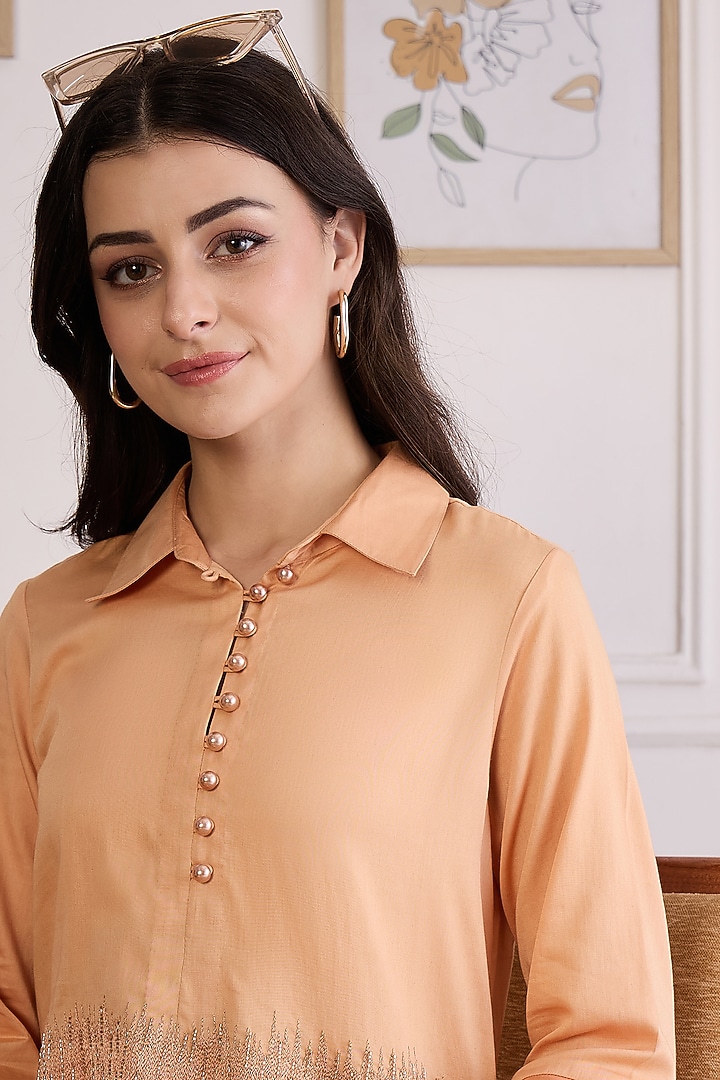 Orange Cotton Modal Satin Embroidered Co-Ord Set by First Resort by Ramola Bachchan at Pernia's Pop Up Shop