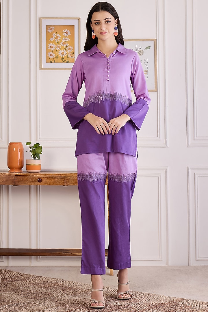 Purple Cotton Modal Satin Embroidered Co-Ord Set by First Resort by Ramola Bachchan at Pernia's Pop Up Shop