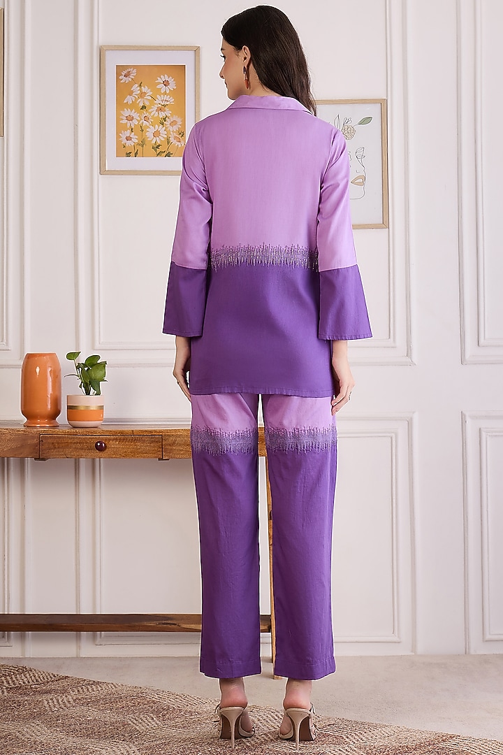 Purple Cotton Modal Satin Embroidered Co-Ord Set by First Resort by Ramola Bachchan at Pernia's Pop Up Shop
