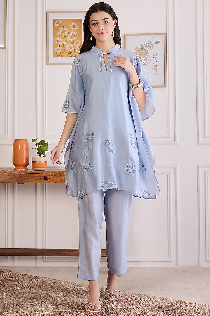 Ice Blue Chanderi Embroidered Kaftan Set by First Resort by Ramola Bachchan at Pernia's Pop Up Shop