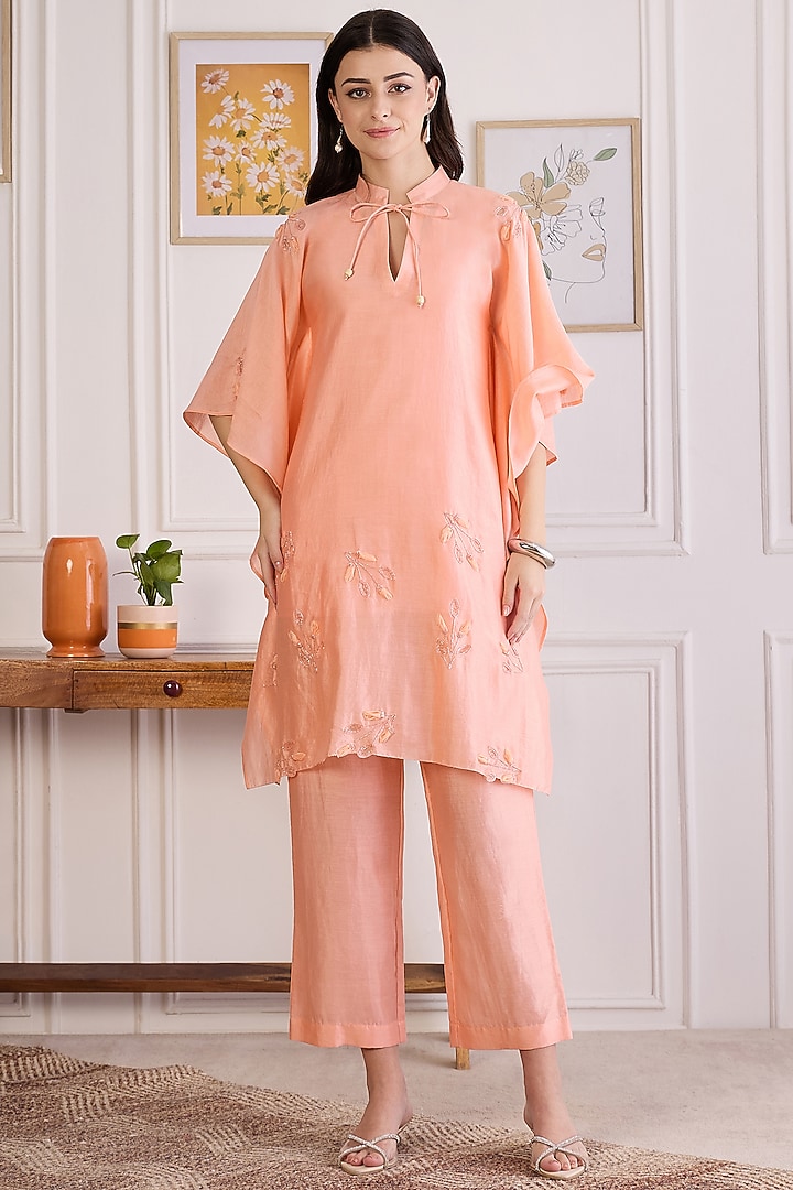 Peach Chanderi Embroidered Kaftan Set by First Resort by Ramola Bachchan at Pernia's Pop Up Shop