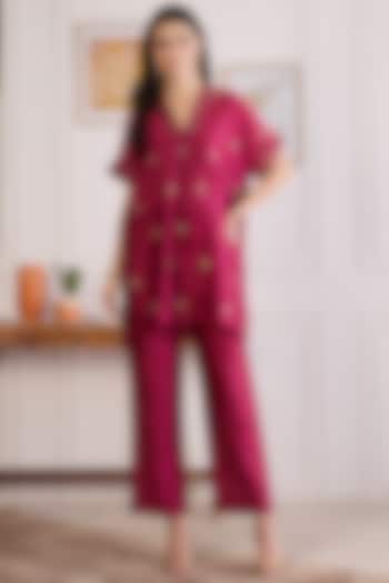 Wine Chanderi Hand Embroidered Co-Ord Set by First Resort by Ramola Bachchan at Pernia's Pop Up Shop