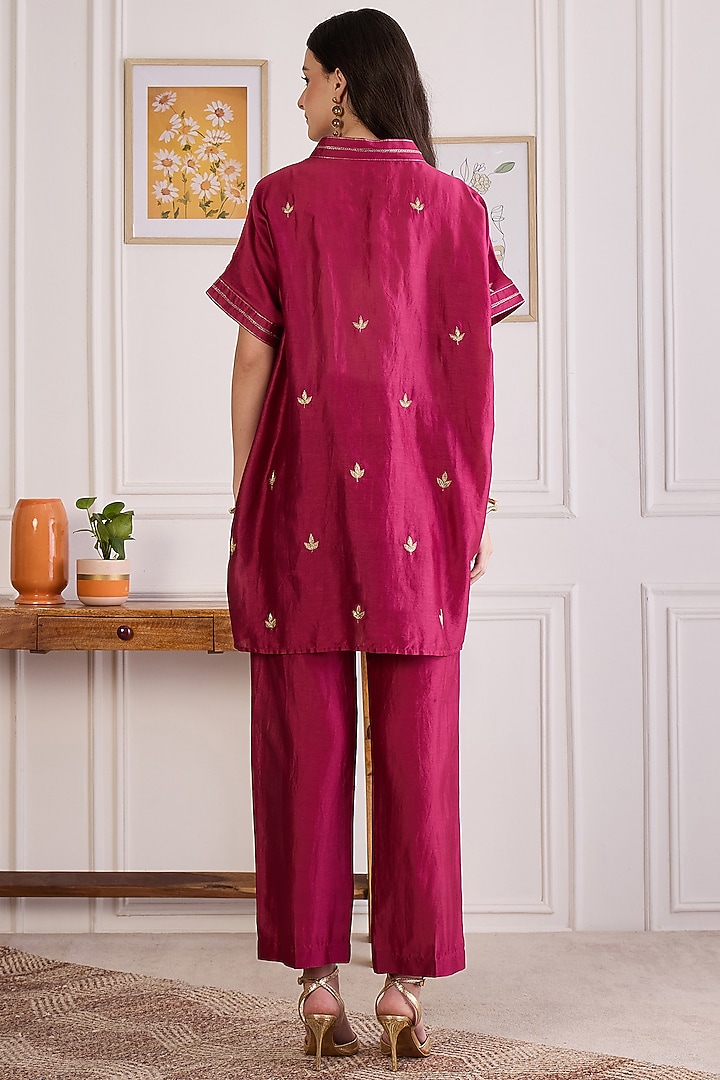 Wine Chanderi Hand Embroidered Co-Ord Set by First Resort by Ramola Bachchan at Pernia's Pop Up Shop