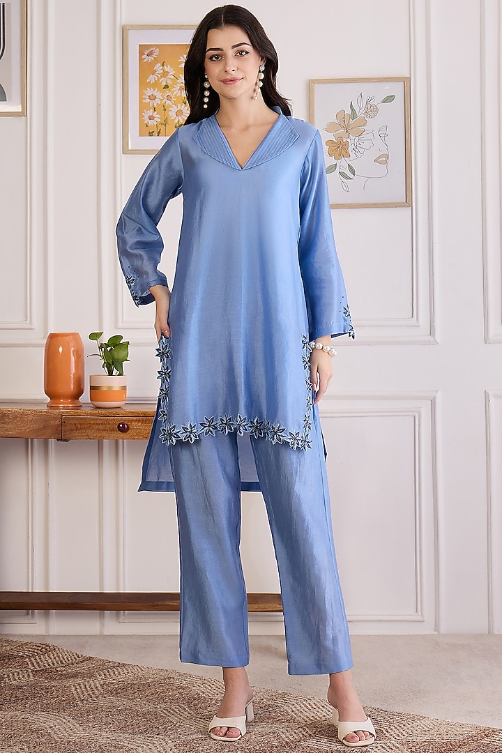 Sky Blue Chanderi Cutwork Kurta Set by First Resort by Ramola Bachchan at Pernia's Pop Up Shop