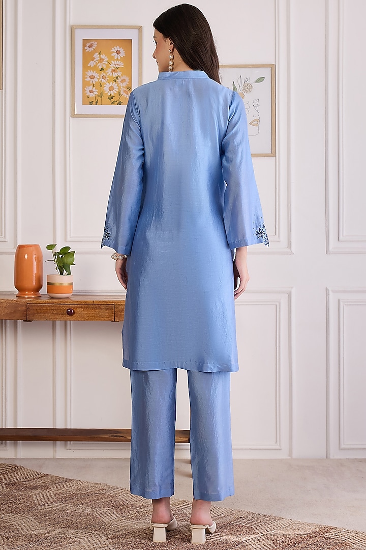Sky Blue Chanderi Cutwork Kurta Set by First Resort by Ramola Bachchan at Pernia's Pop Up Shop