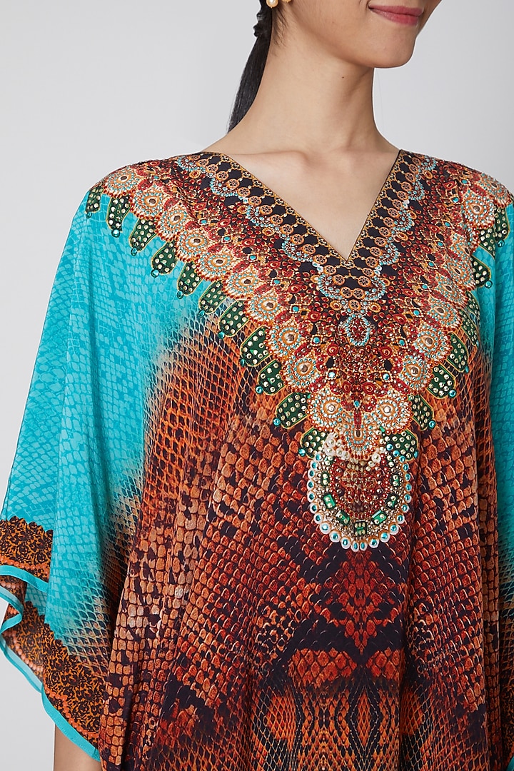 Brown & Cobalt Blue Printed Kaftan by First Resort by Ramola Bachchan at Pernia's Pop Up Shop