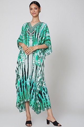Emerald Green Animal Printed Kaftan by First Resort by Ramola Bachchan