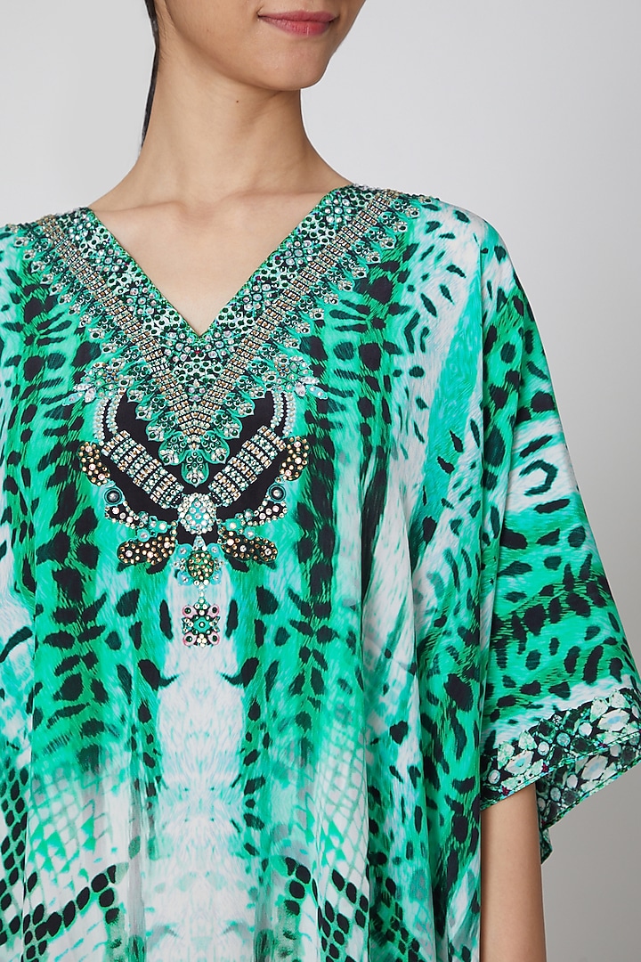 Emerald Green Animal Printed Kaftan by First Resort by Ramola Bachchan at Pernia's Pop Up Shop