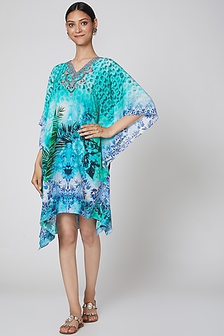 Cobalt Blue & Green Printed Kaftan by First Resort by Ramola Bachchan