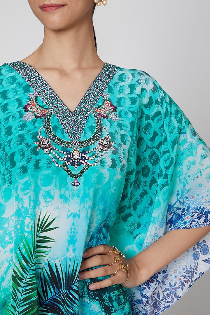 Cobalt Blue & Green Printed Kaftan by First Resort by Ramola Bachchan at Pernia's Pop Up Shop