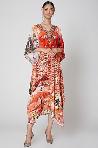 Burnt Orange Printed Kaftan by First Resort by Ramola Bachchan