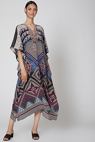 Cobalt Blue & Black Geometric Printed Kaftan by First Resort by Ramola Bachchan