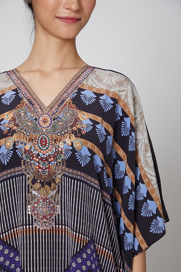 Cobalt Blue & Black Geometric Printed Kaftan by First Resort by Ramola Bachchan at Pernia's Pop Up Shop