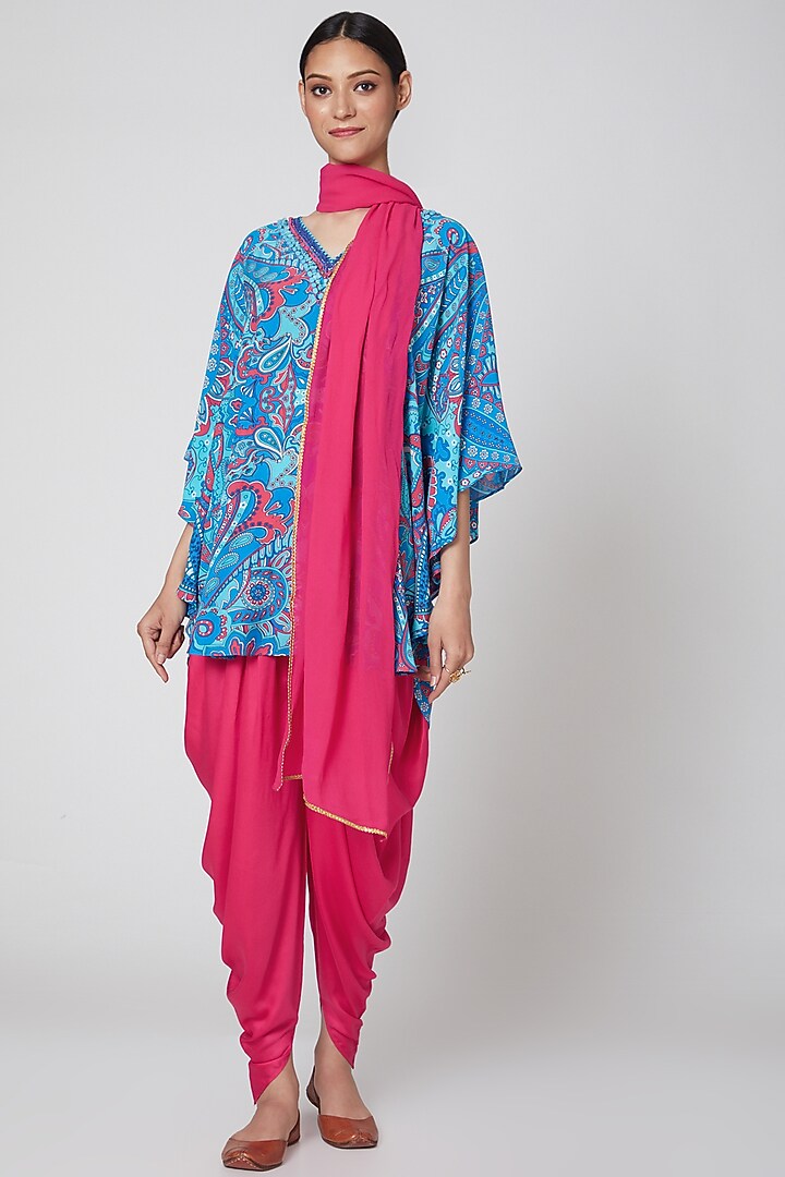 Cobalt Blue & Hot Pink Embroidered Tunic Set by First Resort by Ramola Bachchan at Pernia's Pop Up Shop