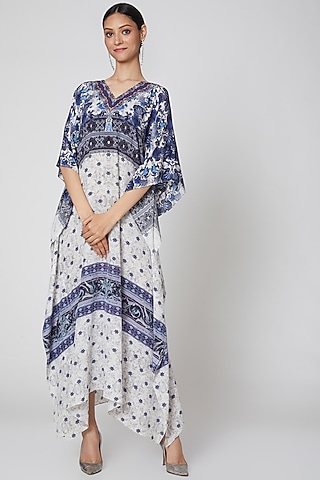 White & Cobalt Blue Printed Kaftan by First Resort by Ramola Bachchan
