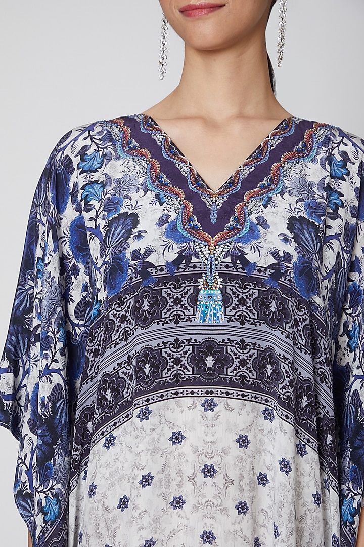 White & Cobalt Blue Printed Kaftan by First Resort by Ramola Bachchan at Pernia's Pop Up Shop