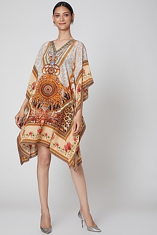 Beige & Brown Printed Kaftan by First Resort by Ramola Bachchan