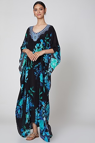 Black & Cobalt Blue Floral Printed Kaftan by First Resort by Ramola Bachchan