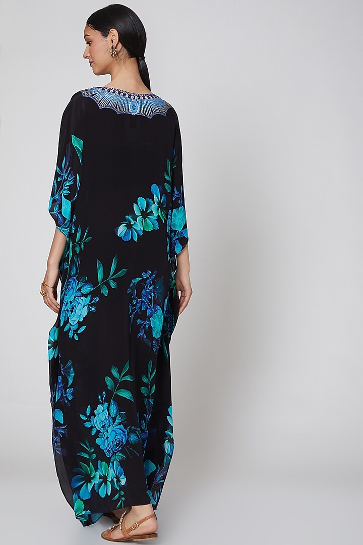 Black & Cobalt Blue Floral Printed Kaftan by First Resort by Ramola Bachchan at Pernia's Pop Up Shop