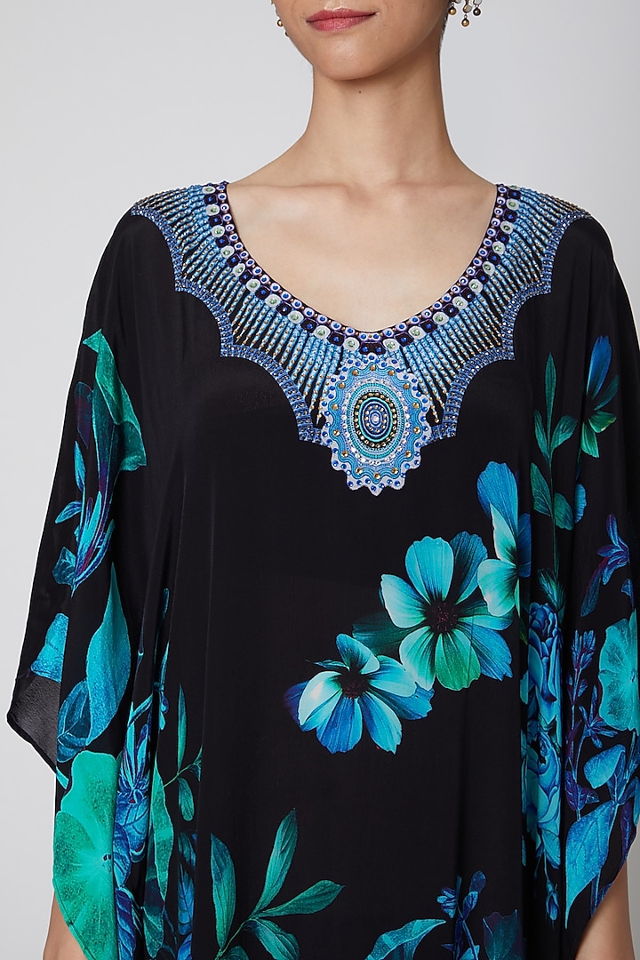 Black & Cobalt Blue Floral Printed Kaftan by First Resort by Ramola Bachchan at Pernia's Pop Up Shop
